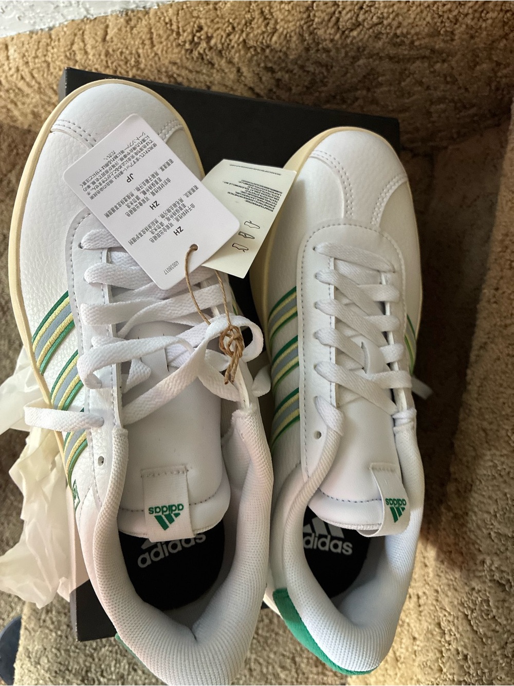 adidas VL Court 3.0 White Sneakers with Green and Yellow Stripe Detailing (NIB)